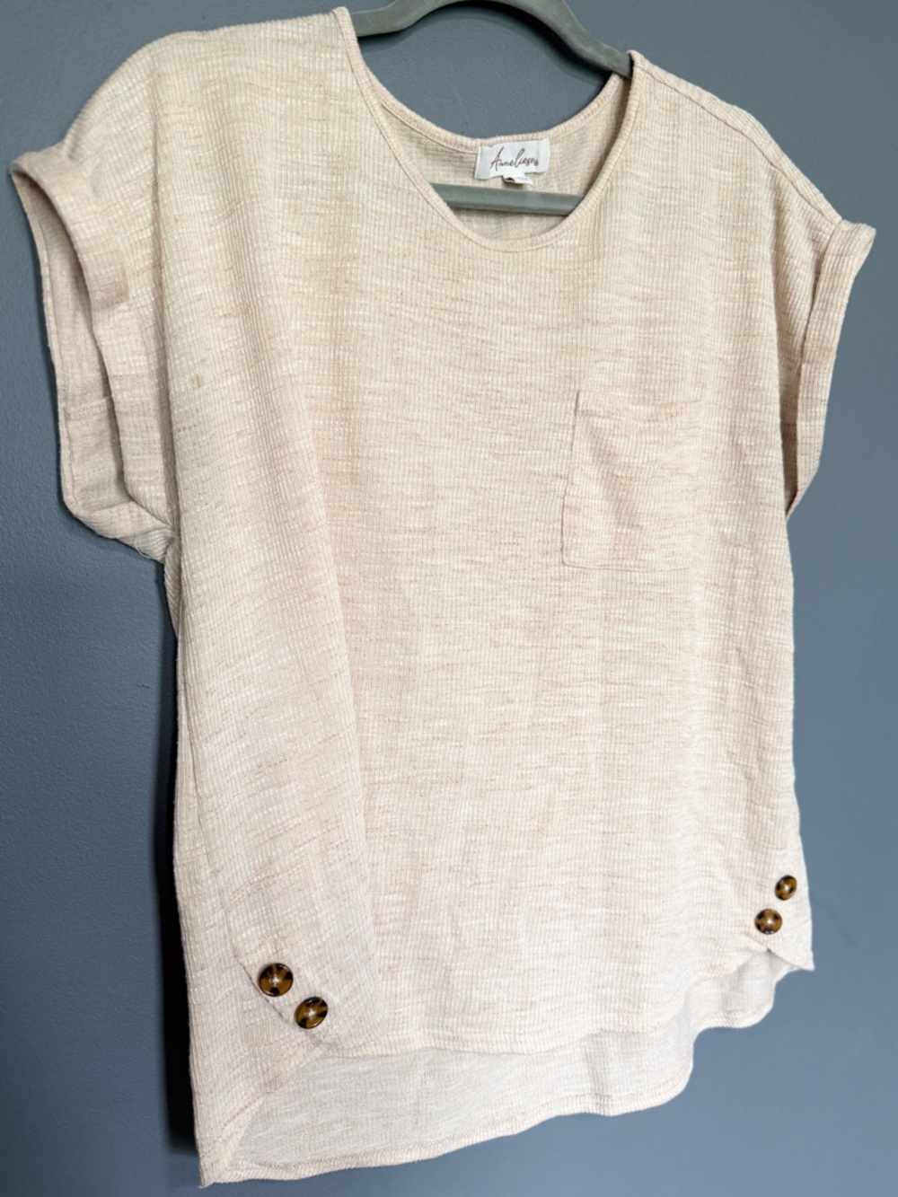 Neutral Beige Short Sleeve Knit Top with Button Detail